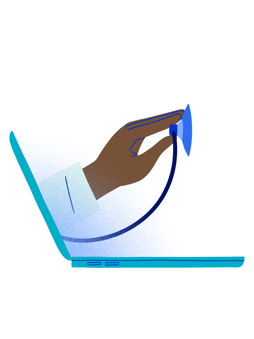 Ilustración de una mano que sale de un computador portátil sosteniendo un fonendoscopio.