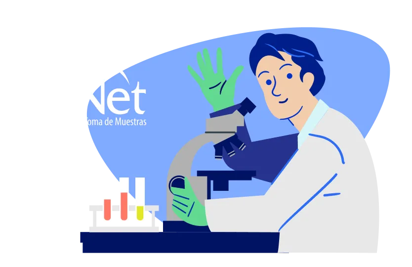 Ilustracion de un Técnico en laboratorio usando microscopio con logotipo de BioNet en laboratorio clínico.