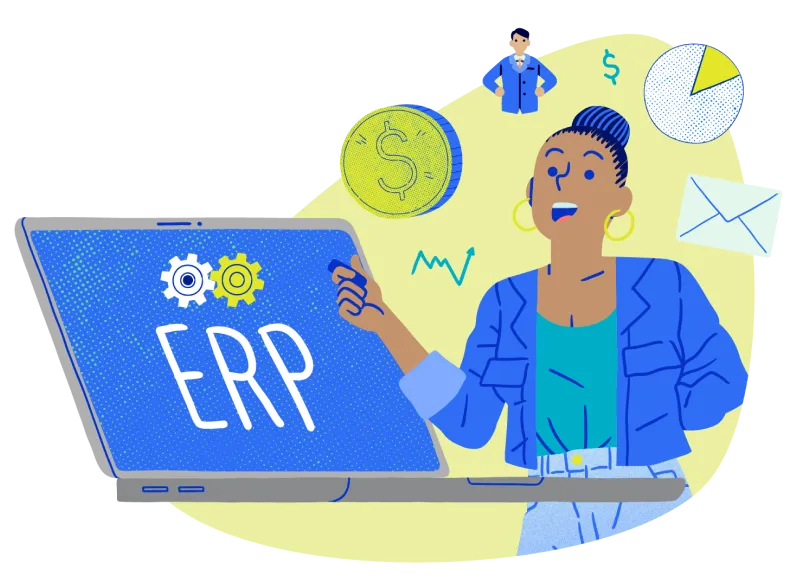 ilustracion de una persona emprendedora implementando un sistema ERP en su empresa, optimizando procesos. 