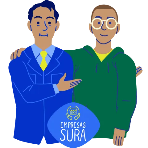 Ilustración de dos personas sonrientes junto al logotipo de Empresas Sura