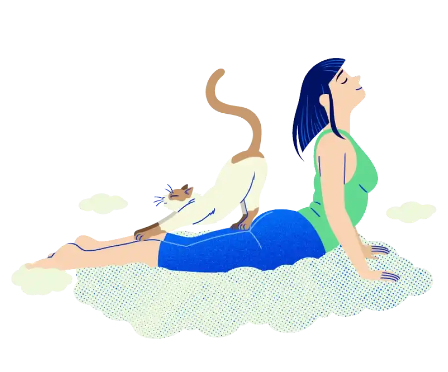 Ilustración de una mujer joven haciendo yoga con su gato sobre una alfombra