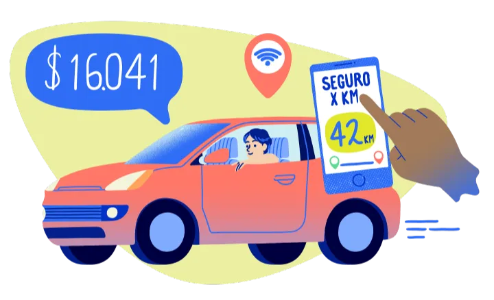 ilustracion de un hombre sonriente junto a un auto con un seguro Full aprobado.