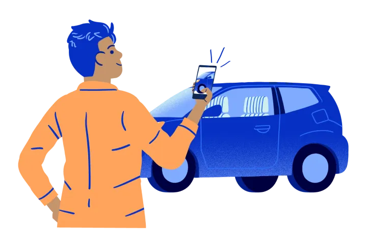 ilustracion de una persona inspeccionando su automóvil con un teléfono móvil para realizar una autoevaluación digital