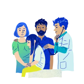 Ilustración de un médico revisando a una niña, acompañada por sus padres. El médico está utilizando un estetoscopio para examinarla.