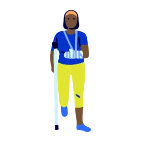 Ilustración de una persona con una lesión en el brazo, usando un cabestrillo y muletas. Lleva ropa deportiva de colores azul y amarillo.