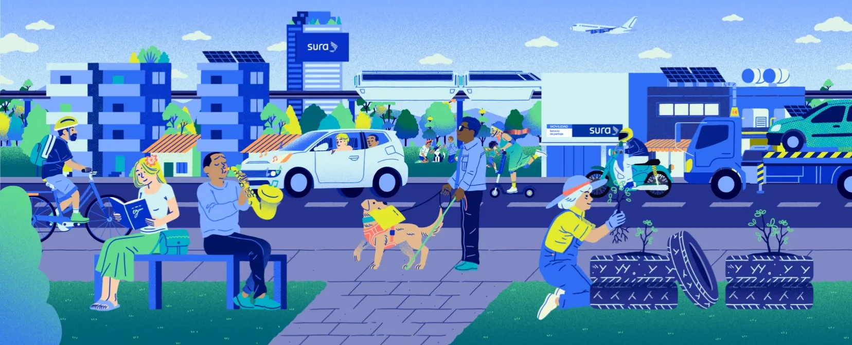 Ilustración de una ciudad sostenible con personas en bicicleta, transporte público, y actividades al aire libre.