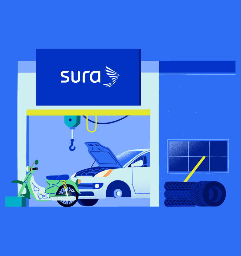 Ilustración de un taller mecánico SURA reparando un vehículo